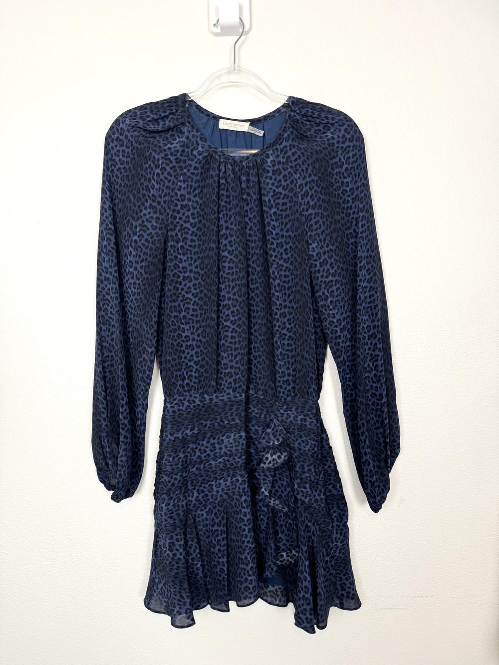 Ramy Brook Dress Womens 0 Blue Leopard Silk Ruffle Mini Long Sleeve Party